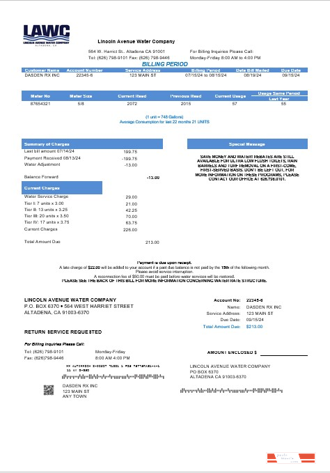 USA California Lincoln Avenue Water Company business utility bill template in Word and PDF formats